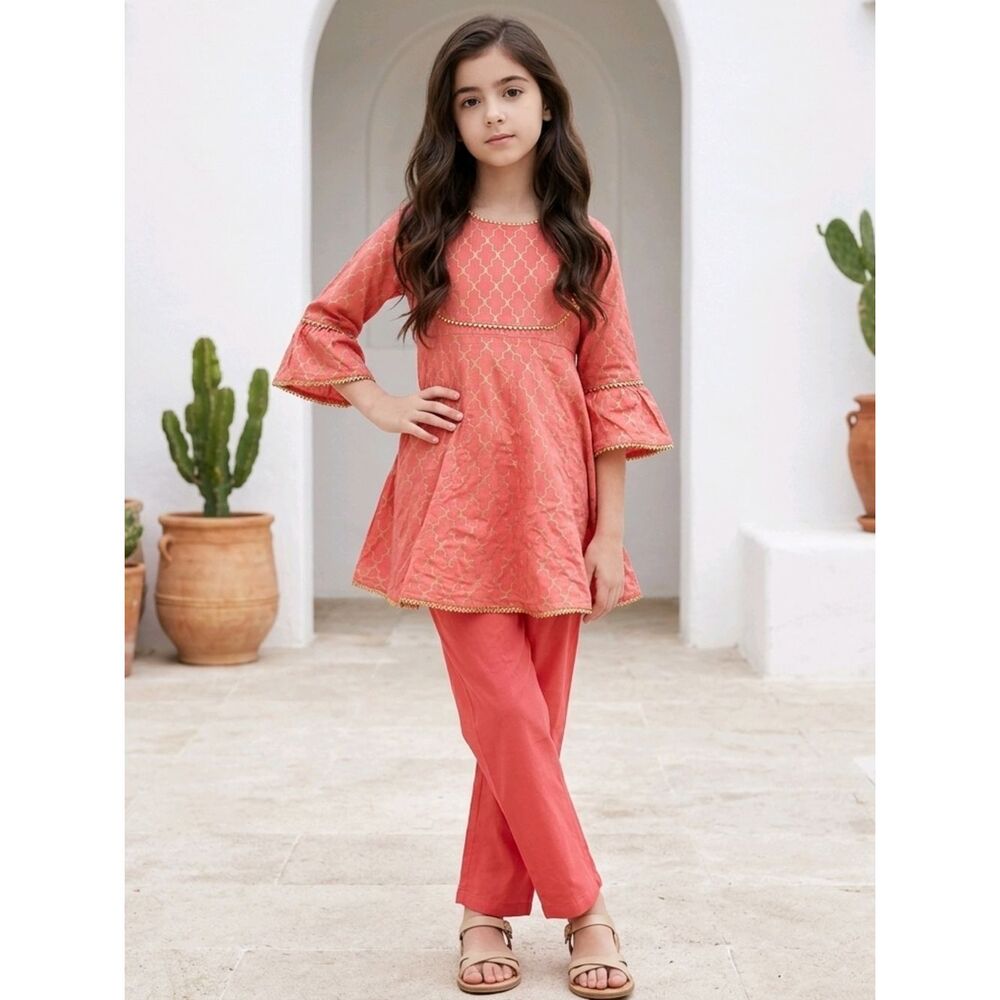 Bitiya by Bhama Girls Peach-Colored Printed Kurti Palazzos Pants 6/7 Ethnic Wear
